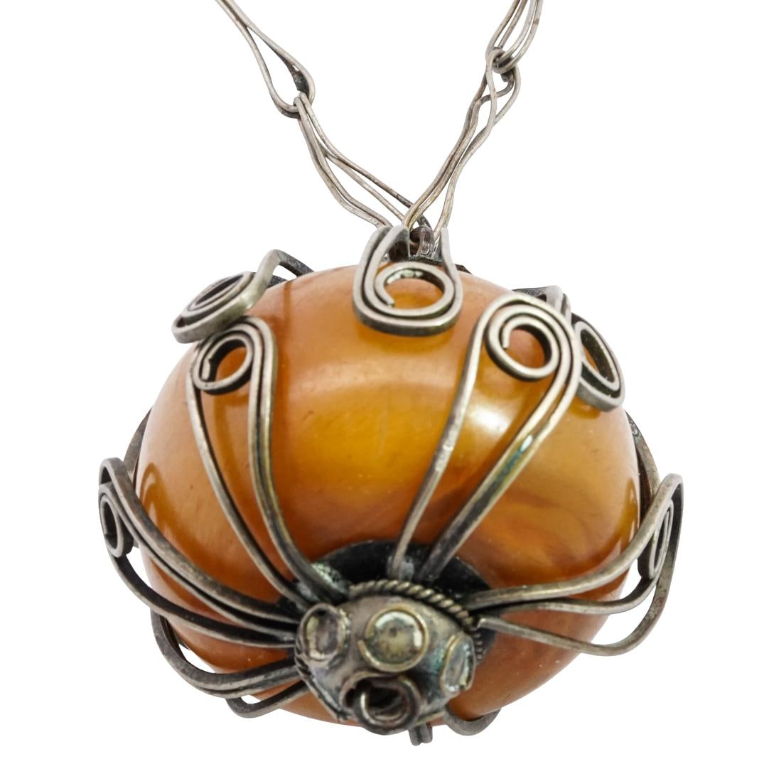 Antique Tibetan Butterscotch Amber Globe Pendant Necklace (1 of 3)