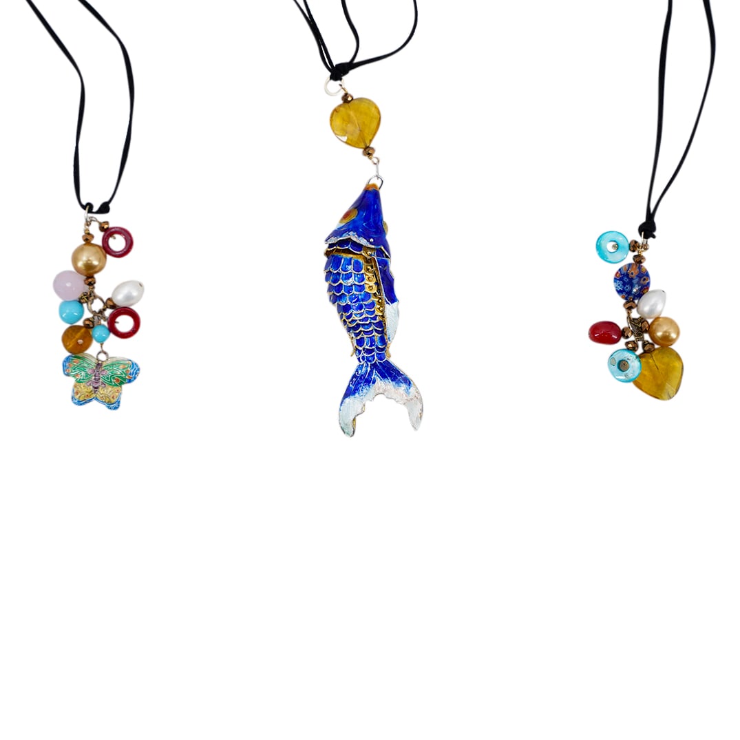 Chinese Enameled Articulated Fish Pendant Necklace/Belt: DESCRIPTION: Chinese Enameled Articulated Fish Pendant Necklace and/or belt. Designed with black fabric cord, an articulated enamel fish, and beaded ends.CIRCA: 20th CenturyORIGIN: ChinaDIMENSIONS: L: