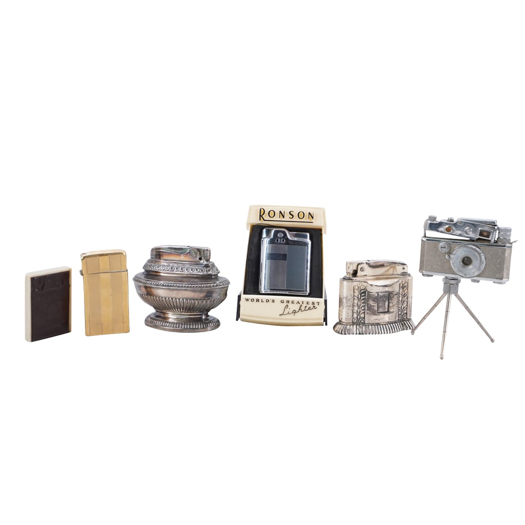 (6 pc) Vintage Lighter Grouping: DESCRIPTION: Set of vintage lighters, featuring one Ronson silver lighter in original case, one Ronson "Diana" lighter, engraved "Mervis Steel Co. 1623 N.B.C. Bldg. Cleveland, Ohio. Phone Main 1-0661"