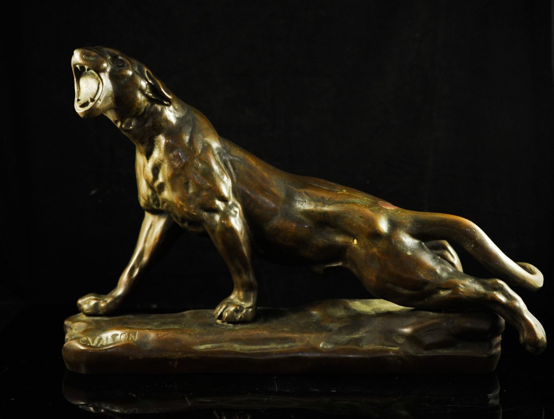 French "Wounded lion" bronze by Charles Valton: DESCRIPTION: "Wounded lion" bronze done by French artist Charles Valton. Depicts a lion growling in agony from the two arrows that originally stuck out of it's back. Although it's missing the arrows t