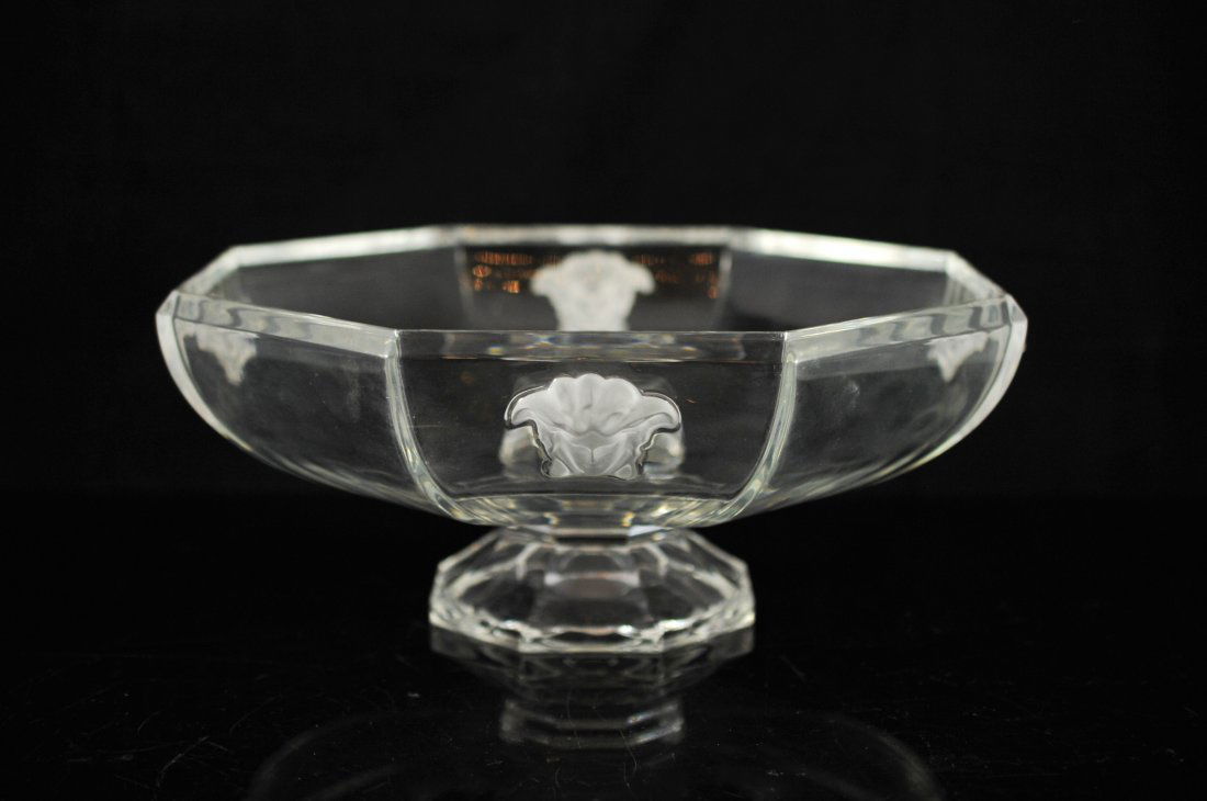 Versace Medusa Rosenthal crystal dessert bowl: DESCRIPTION: Versace Medusa Rosenthal Lumiere crystal dessert bowl. Clear crystal octagon body and pedestal with four frosted Medusa heads on the outside. Mint condition. Signed "Rosenthal Versace" on
