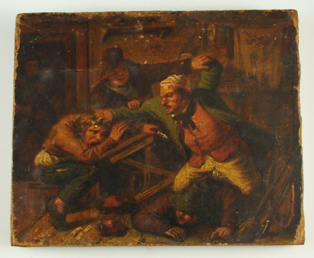 Miniature "Friedrich Mosbrugger" German oil painti: DESCRIPTION: Miniature "Friedrich Mosbrugger" German oil painting. Well painted subject of a bar brawl. Four men fighting. One throws a fist, the other wields a knife. Two other men are caught up in t