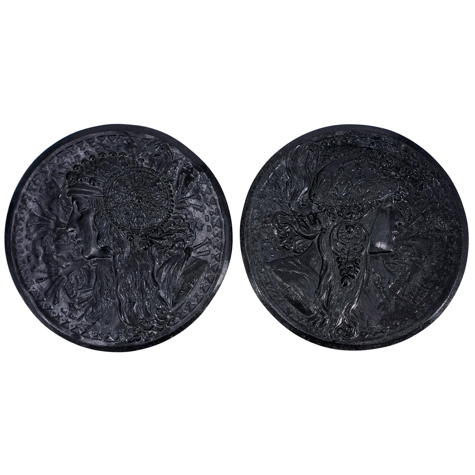 (2 Pc) Art Nouveau Alphonse Mucha “Byzantine Head" Glass Plaques (1 of 9)