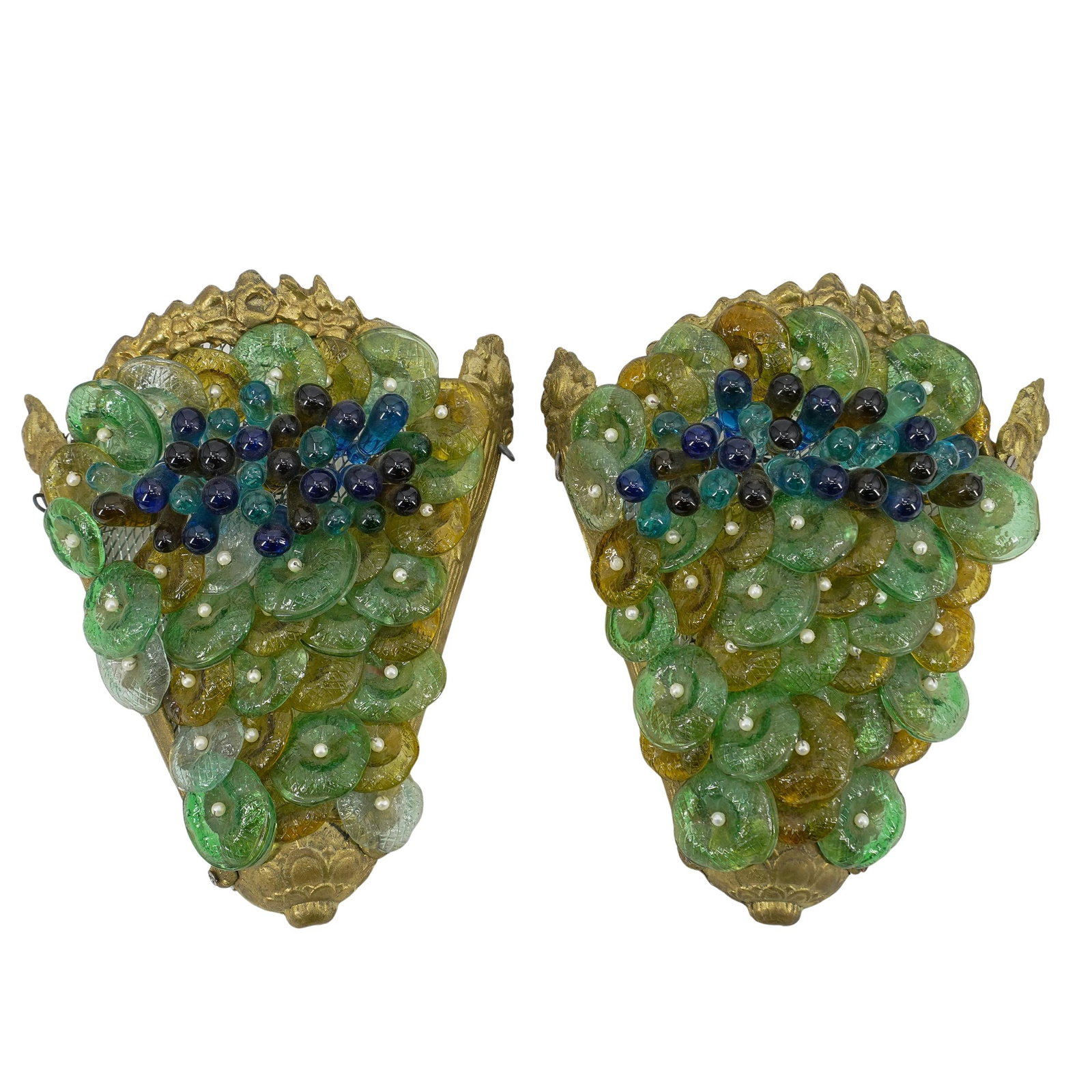 Pair Of Murano Glass Grape And Flower Gilt Bronze Sconces: DESCRIPTION: Two gilt bronze sconces, each fitted with Murano glass grape and flower applications and sporting metal components which push it further from the wall. CIRCA: 20th Century ORIGIN: Italy D