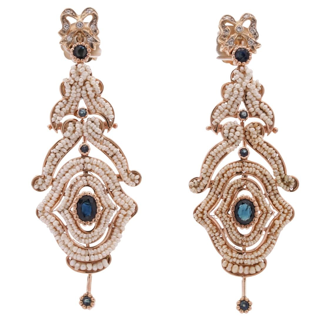 (2 Pc) 14k Gold, Sapphire, Diamond, and Seed Pearl Earrings (1 of 5)