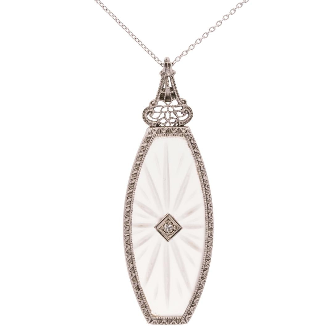 14k White Gold, Diamond, & Intaglio Cut Rock Crystal Necklace (1 of 6)