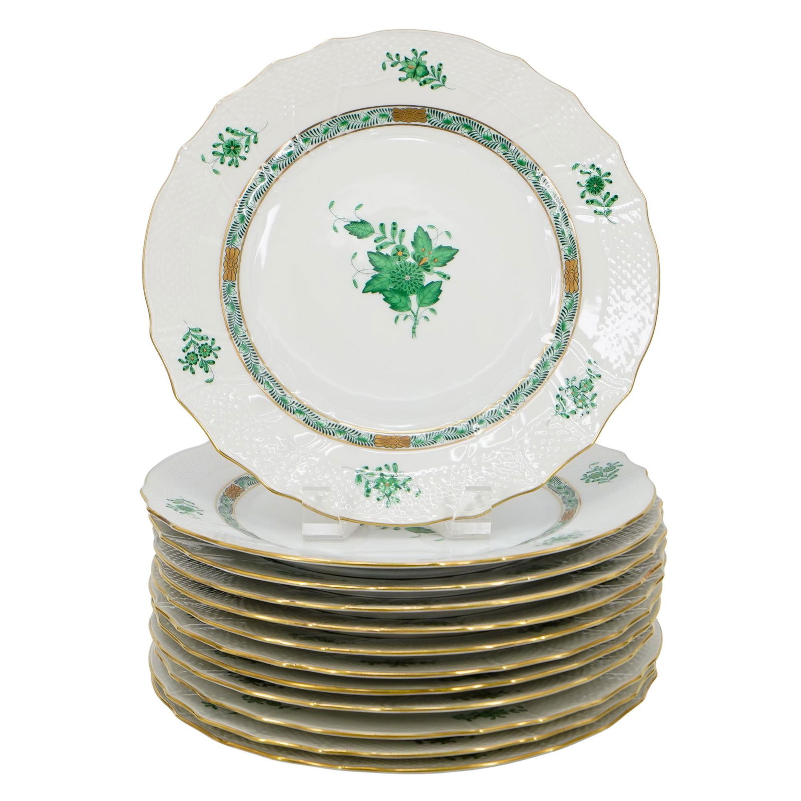 (12 Pc) Herend Porcelain "Chinese Bouquet Green" Dinner Plates (1 of 4)