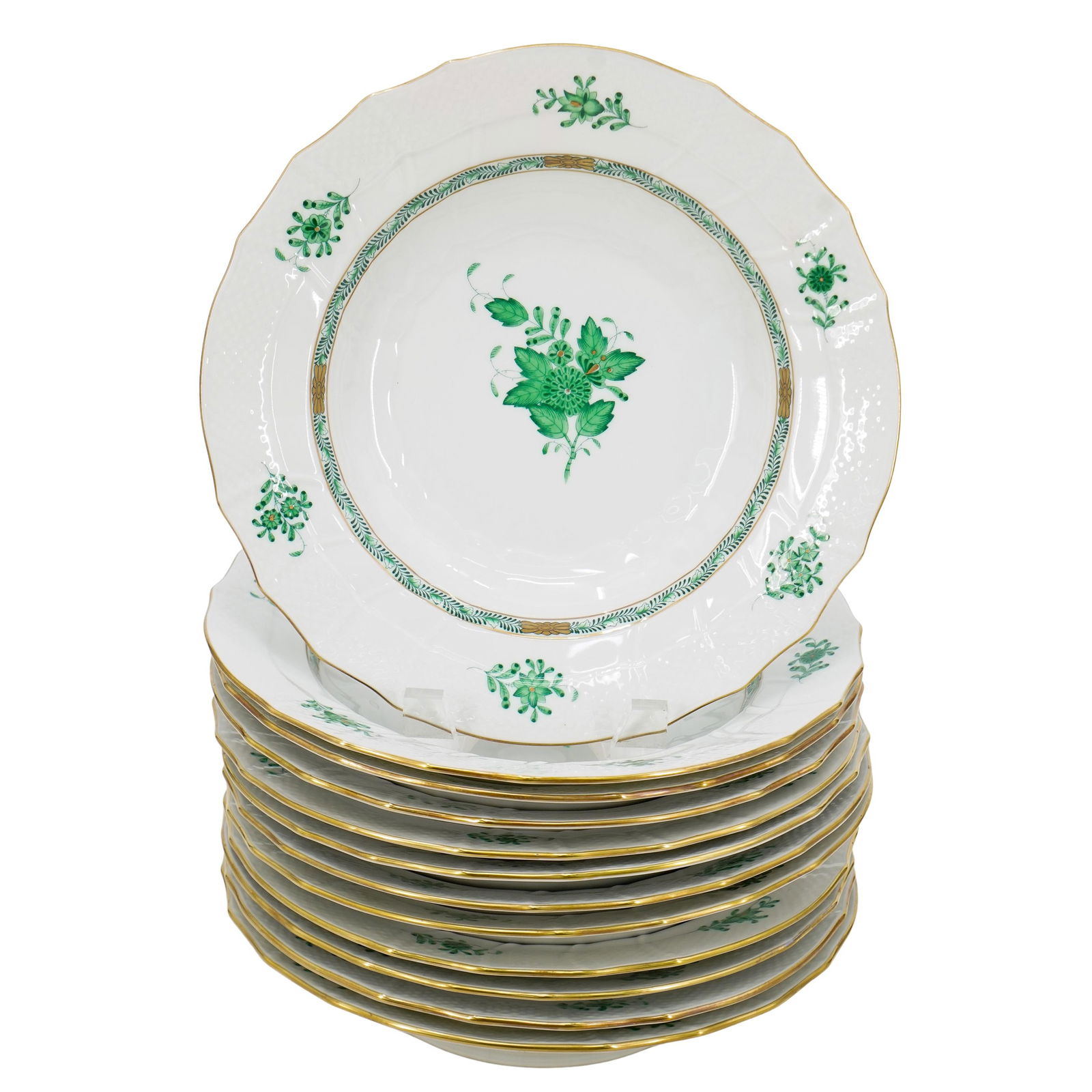 (12 Pc) Herend Porcelain "Chinese Bouquet Green" Soup Plates (1 of 5)