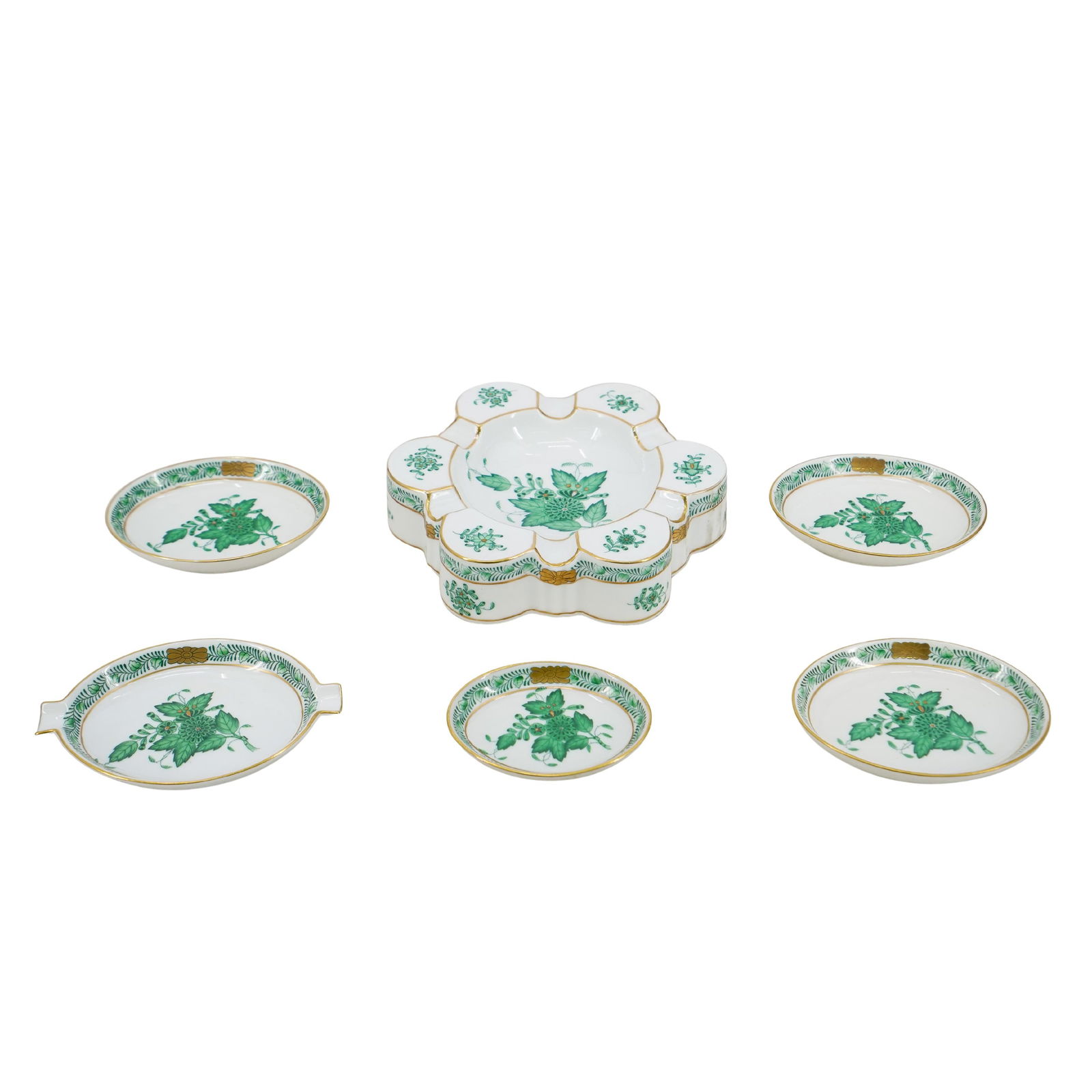 (6 Pc) Herend Porcelain "Chinese Bouquet Green" Ashtrays Grouping Set (1 of 7)
