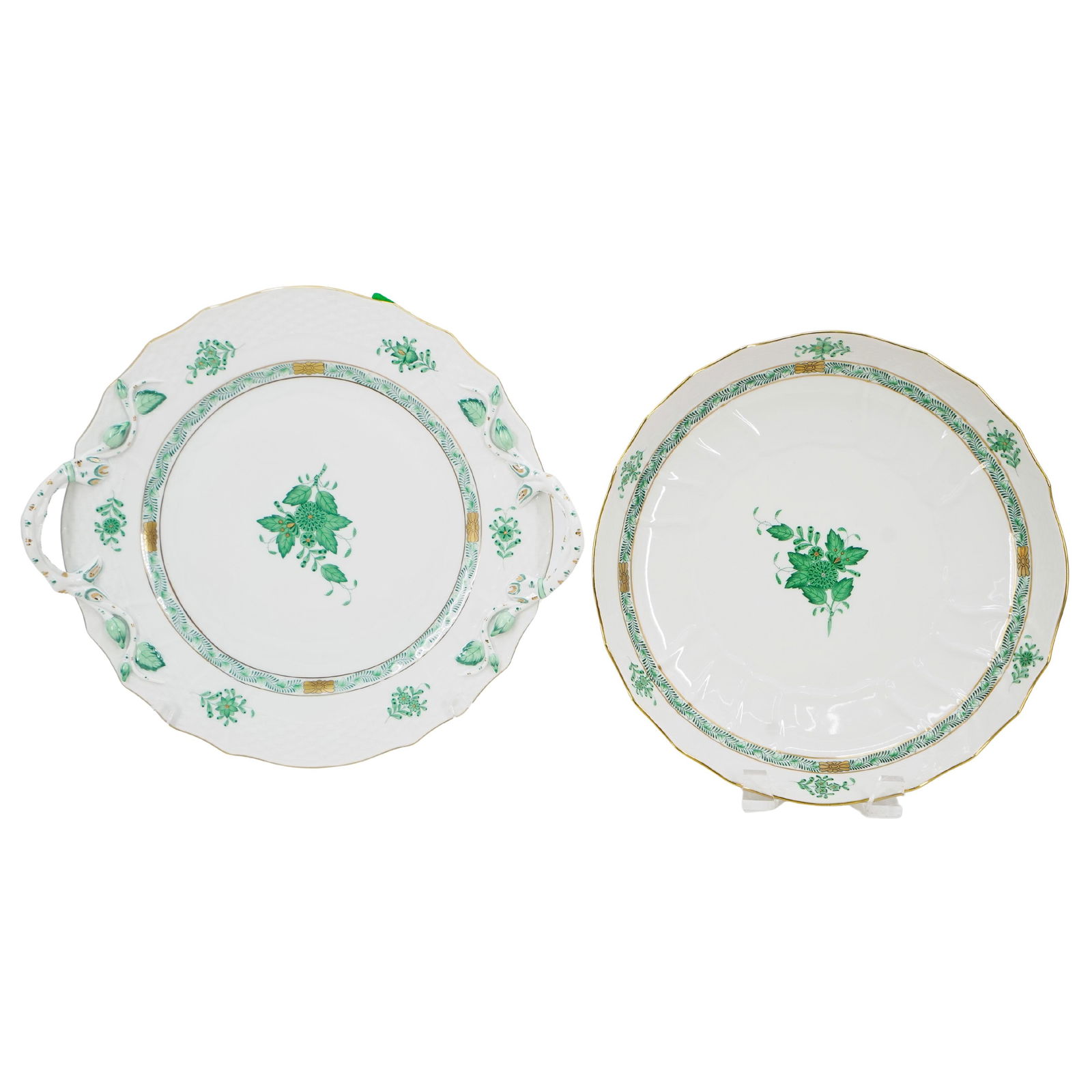 (2 Pc) Herend Porcelain "Chinese Bouquet Green" Salad Bowl & Chop Platter (1 of 6)