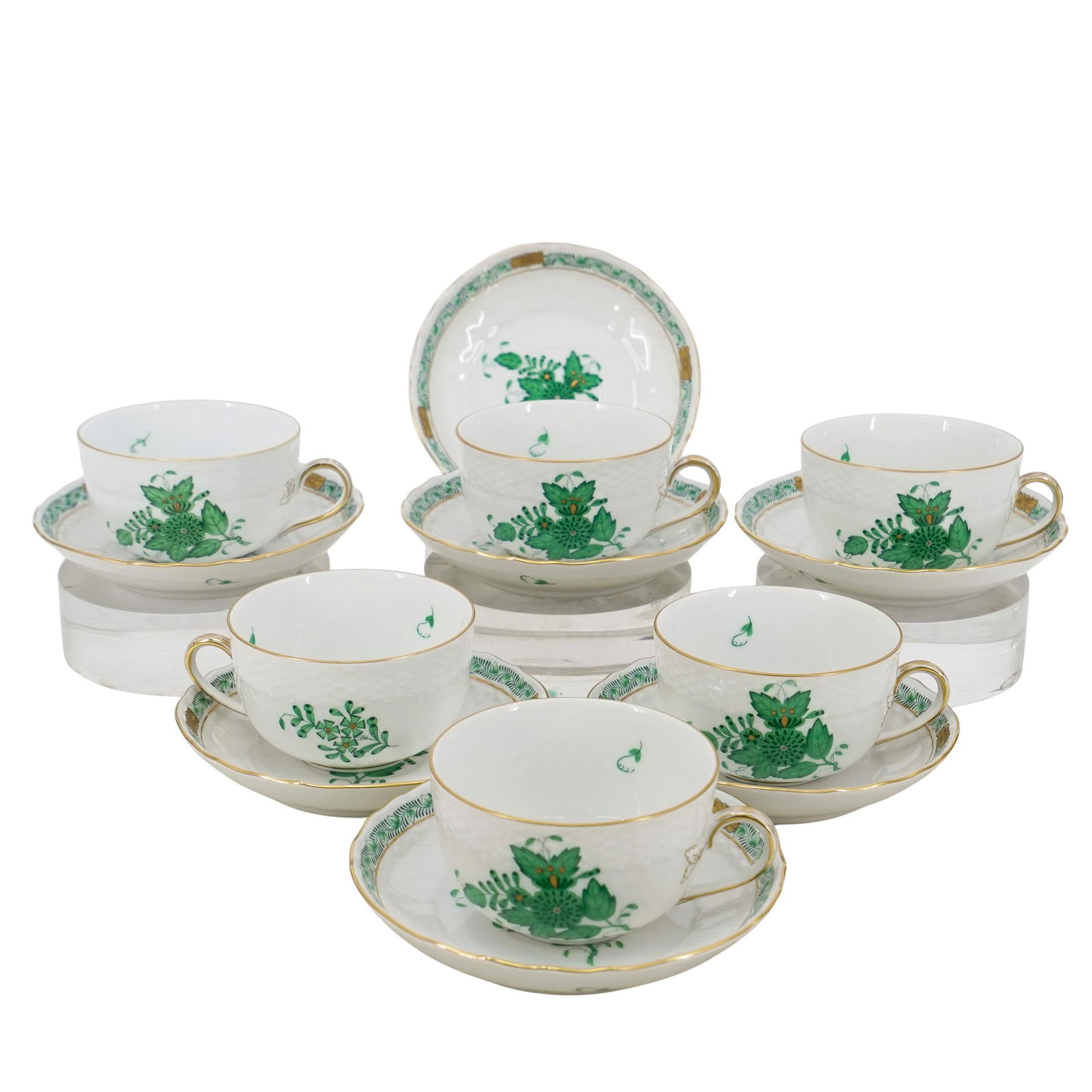 (12 Pc) Herend "Chinese Bouquet Green" Tea Cups & Saucers Set (1 of 5)