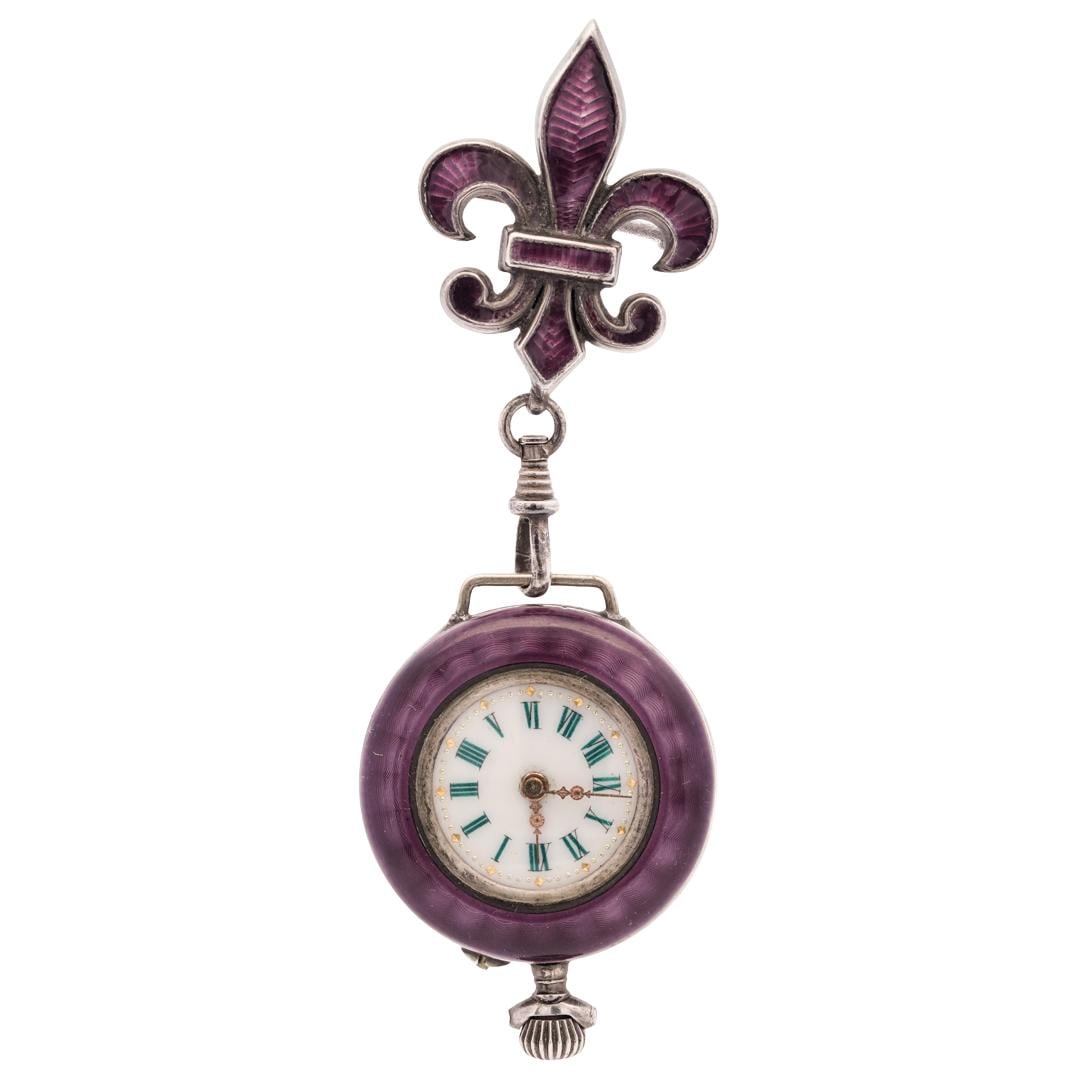 French Ladies Silver & Enamel Watch Brooch (1 of 8)