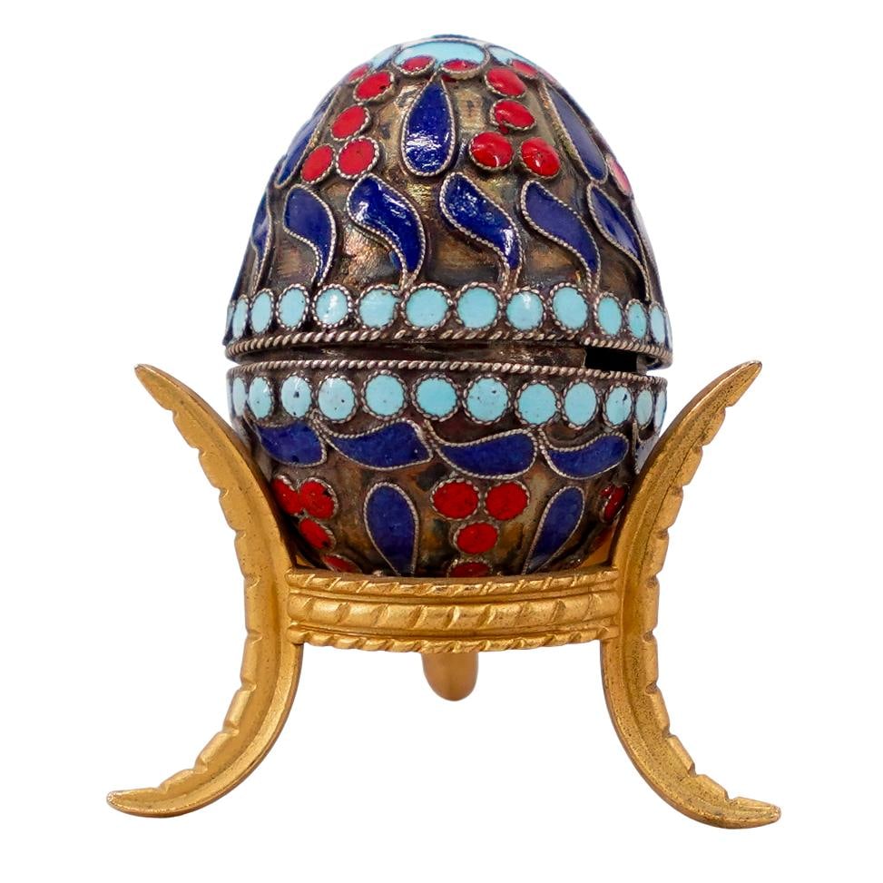 Antique Russian Silver & Enamel Egg Shaped Miniature Pill Box (1 of 6)