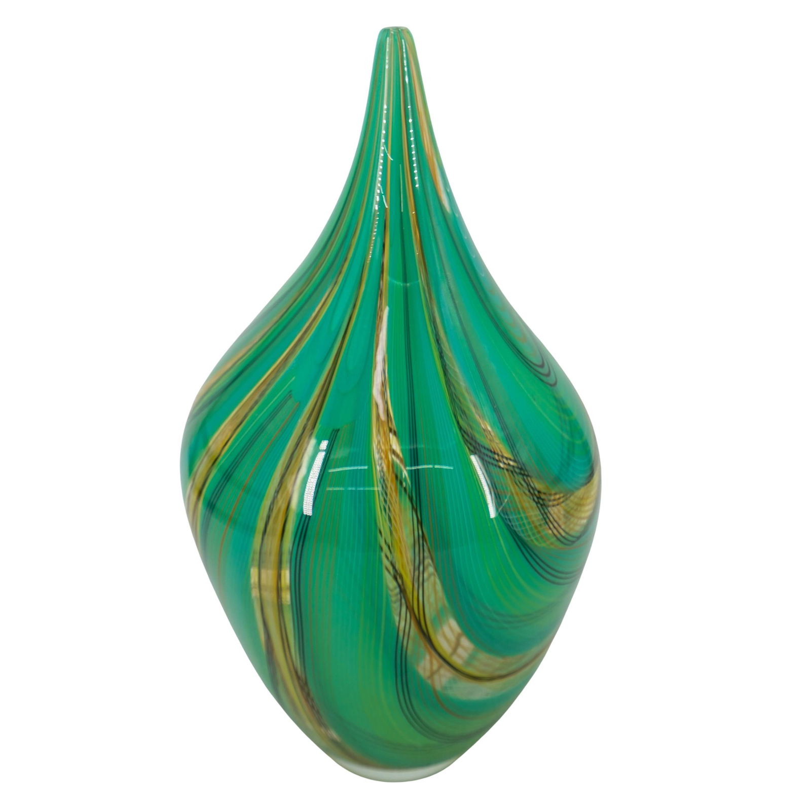 Alberto Dona (Italian, B. XX) Venetian Green Glass Vase: DESCRIPTION: Venetian glass vase crafted in a bulbous form featuring green, yellow, and white linear patterns and sporting a tapering neck ending in a tiny mouth. Signed on underside and dated "2001"