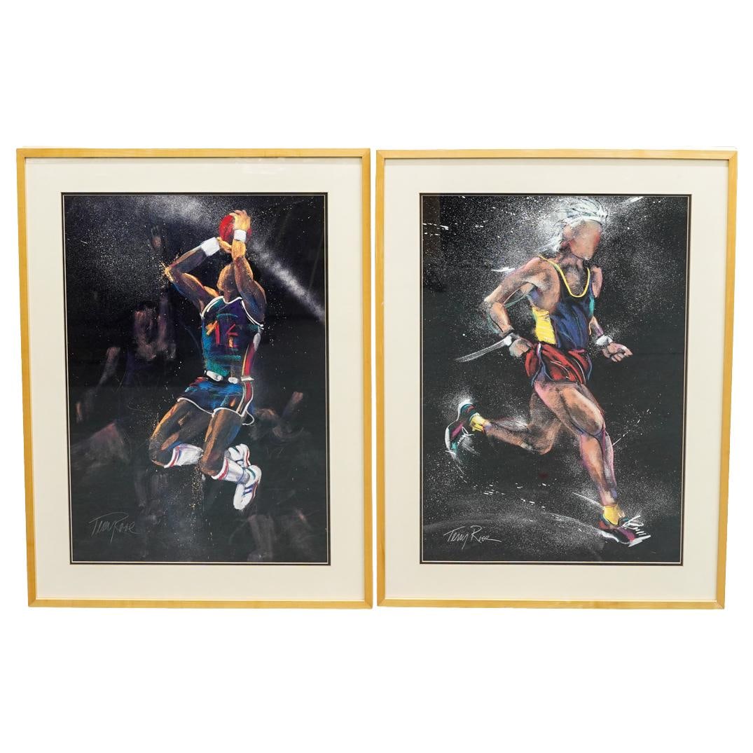 (2 Pc) Terry Rose (American, B. 1939) Posters: DESCRIPTION: Two posters by Terry Rose - one depicting a basketball player, one depicting a runner - each signed at lower left and mounted in a wooden frame. CIRCA: 20th Century ORIGIN: USA DIMENSIONS