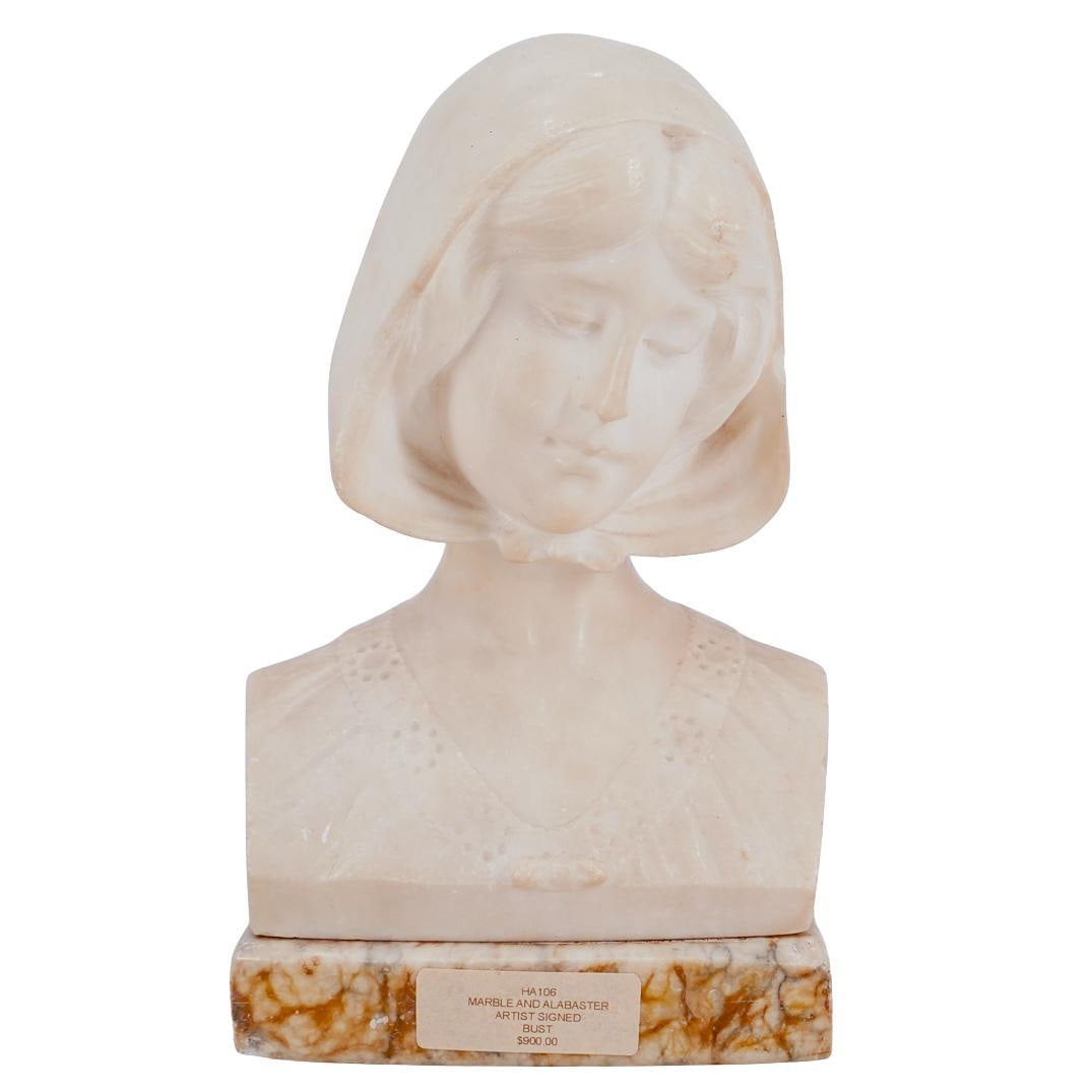 Umberto Biagini (Italian, XIX-XX) Hooded Woman Alabaster Bust: DESCRIPTION: Alabaster sculpture by Umberto Biagini depicting the bust of a hooded woman with downcast face. Signed on left side and mounted to marble base. CIRCA: Late 19th to early 20th Century ORIG