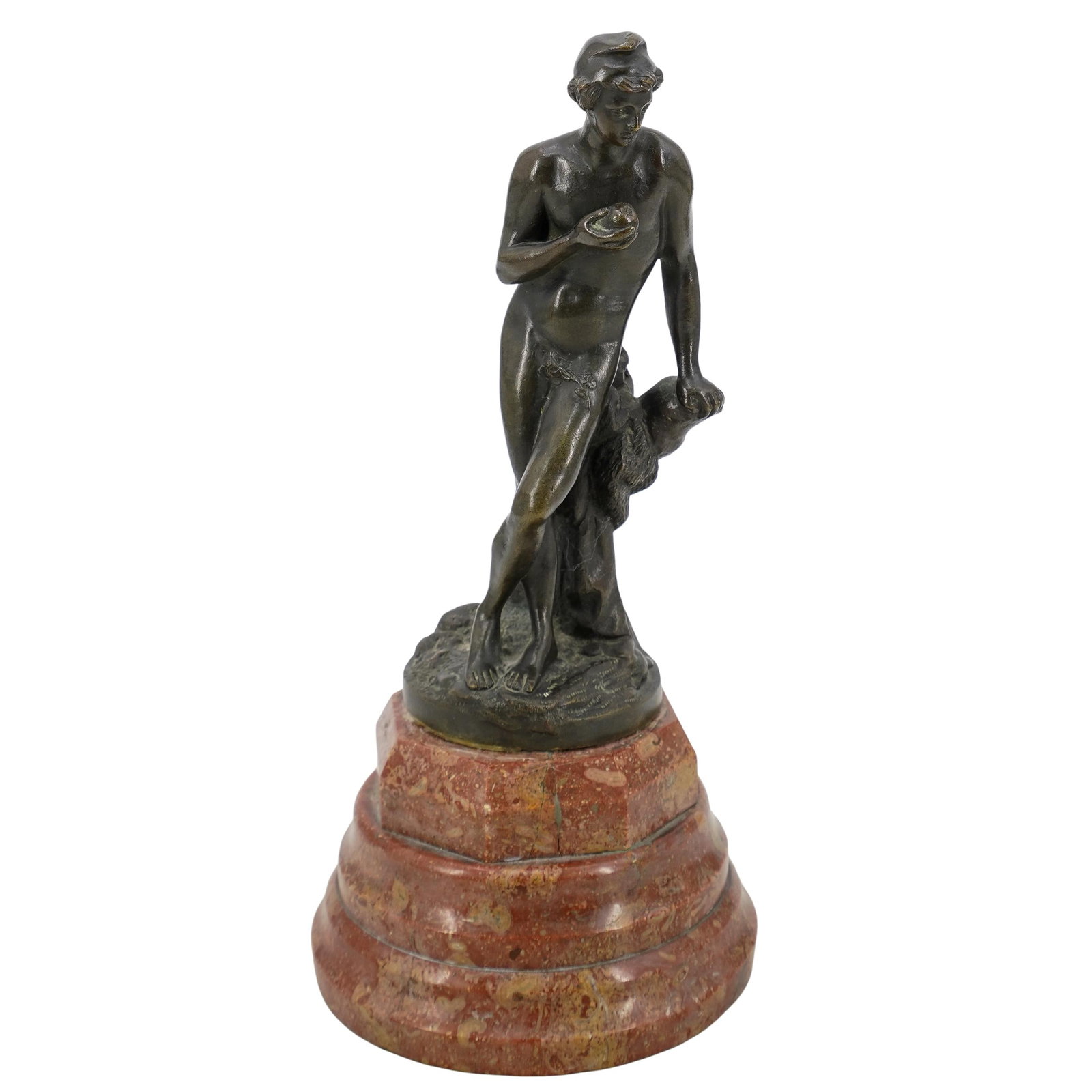 Antique European Grand Tour Paris Of Troy Bronze: DESCRIPTION: Antique grand tour bronze figurine depicting Paris of Troy wearing a Phrygian cap and holding Eris' apple of discord. Mounted on a tiered marble base. CIRCA: 19th to early 20th Century OR