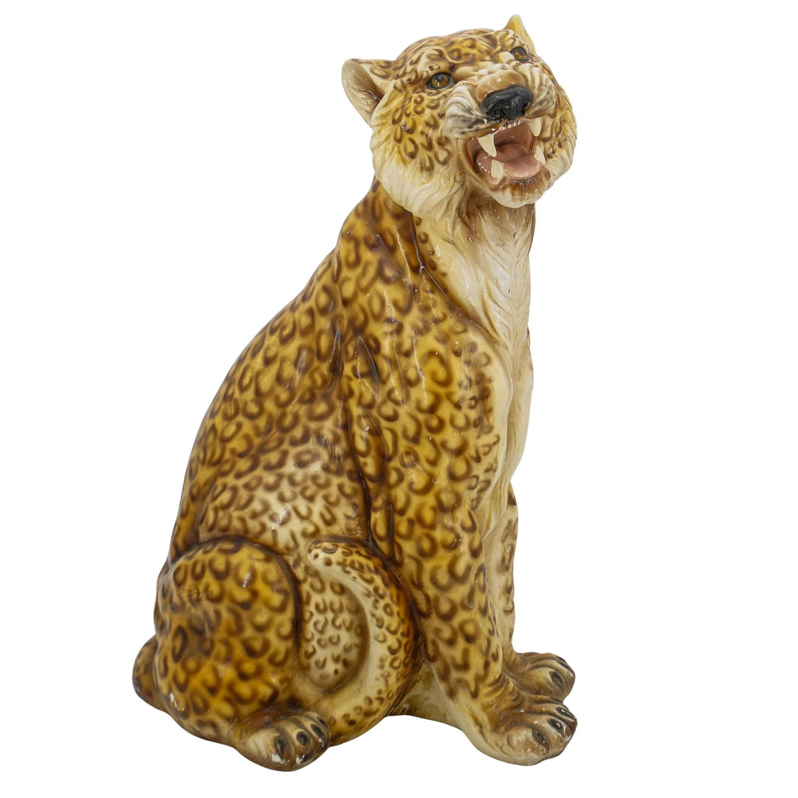 Large Big Cat Sculpture: DESCRIPTION: Large painted plaster sculpture depicting a big cat. CIRCA: Mid 20th century ORIGIN: - DIMENSIONS: H: 24.25" W: 11.5" L: 16.5" CONDITION: Repair to one tooth. Chipping; some chips with pa