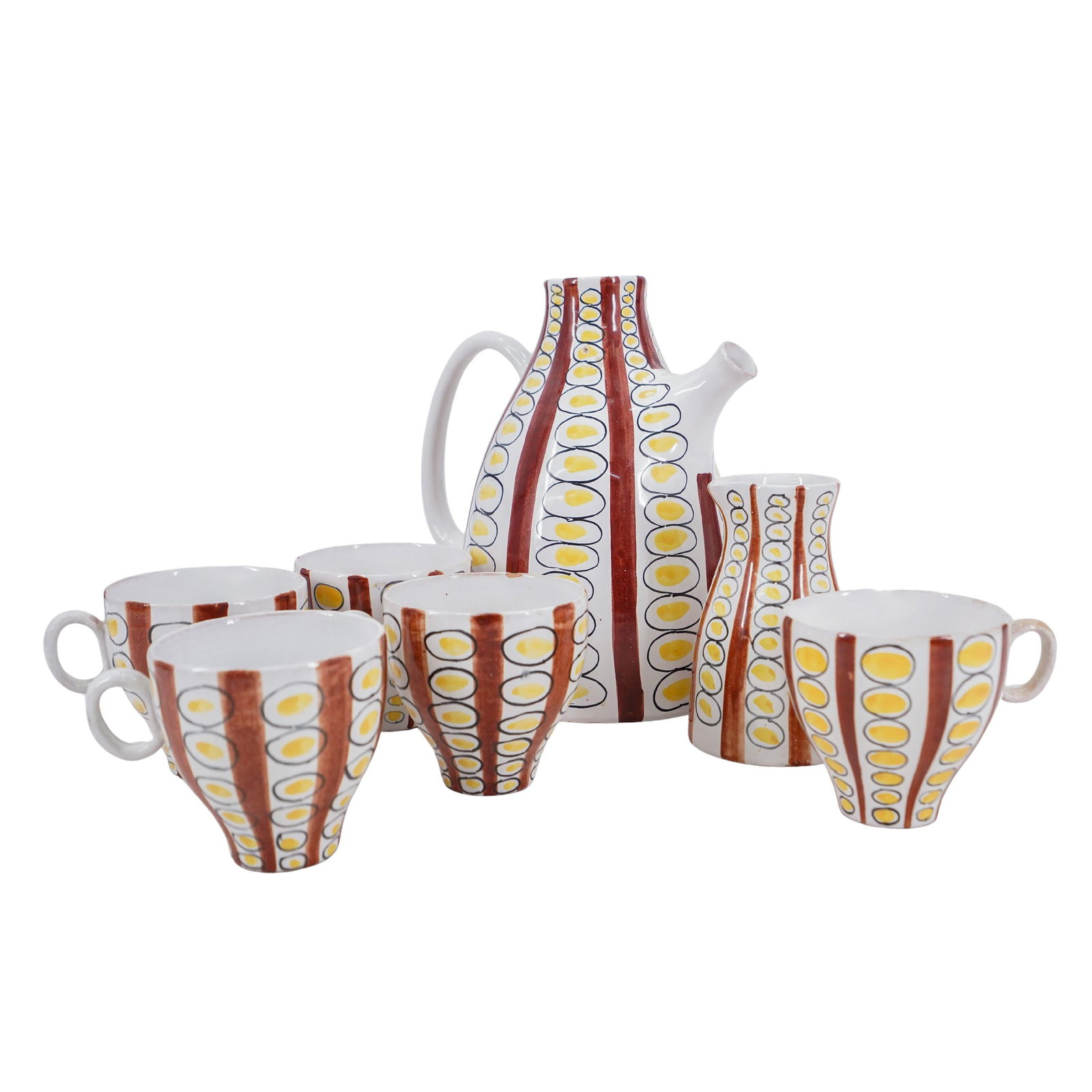 (7 Pc) Raymor Italian Ceramic Partial Tea Set: DESCRIPTION: Seven matching Italian ceramic items retailed by Raymor, possibly by Bitossi and probably mid-century, each featuring polychrome decoration and each marked on underside. (1) Teapot. (1) C