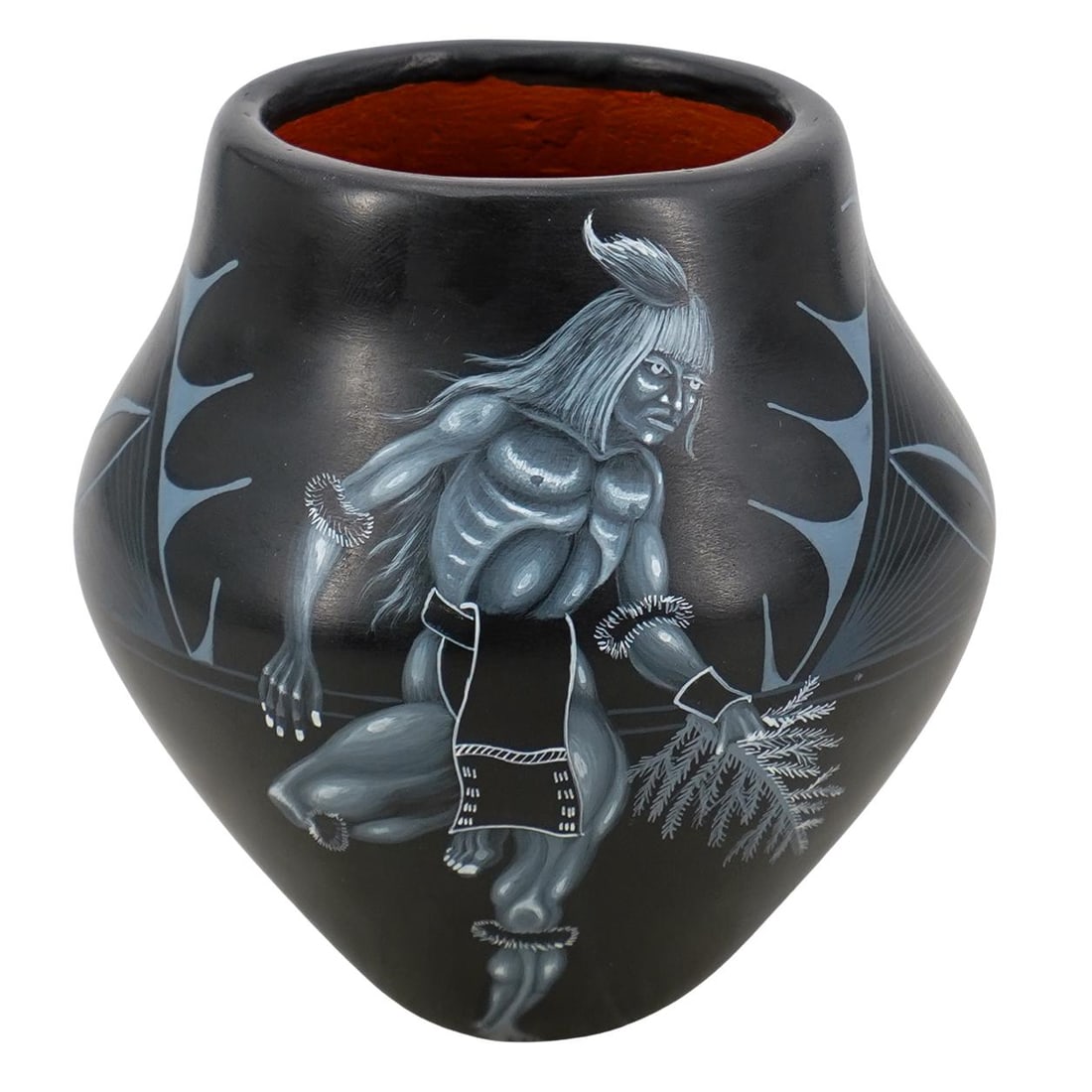 Marcellus And Elizabeth Medina Zia Blackware Pottery Vessel: DESCRIPTION: Zia Blackware Pottery Vessel by Marcellus and Elizabeth Medina depicting a pair of figures and graphic decorative motifs. Signed 'Marcellus Medina [within round sun pictogram]' and 'Eliza