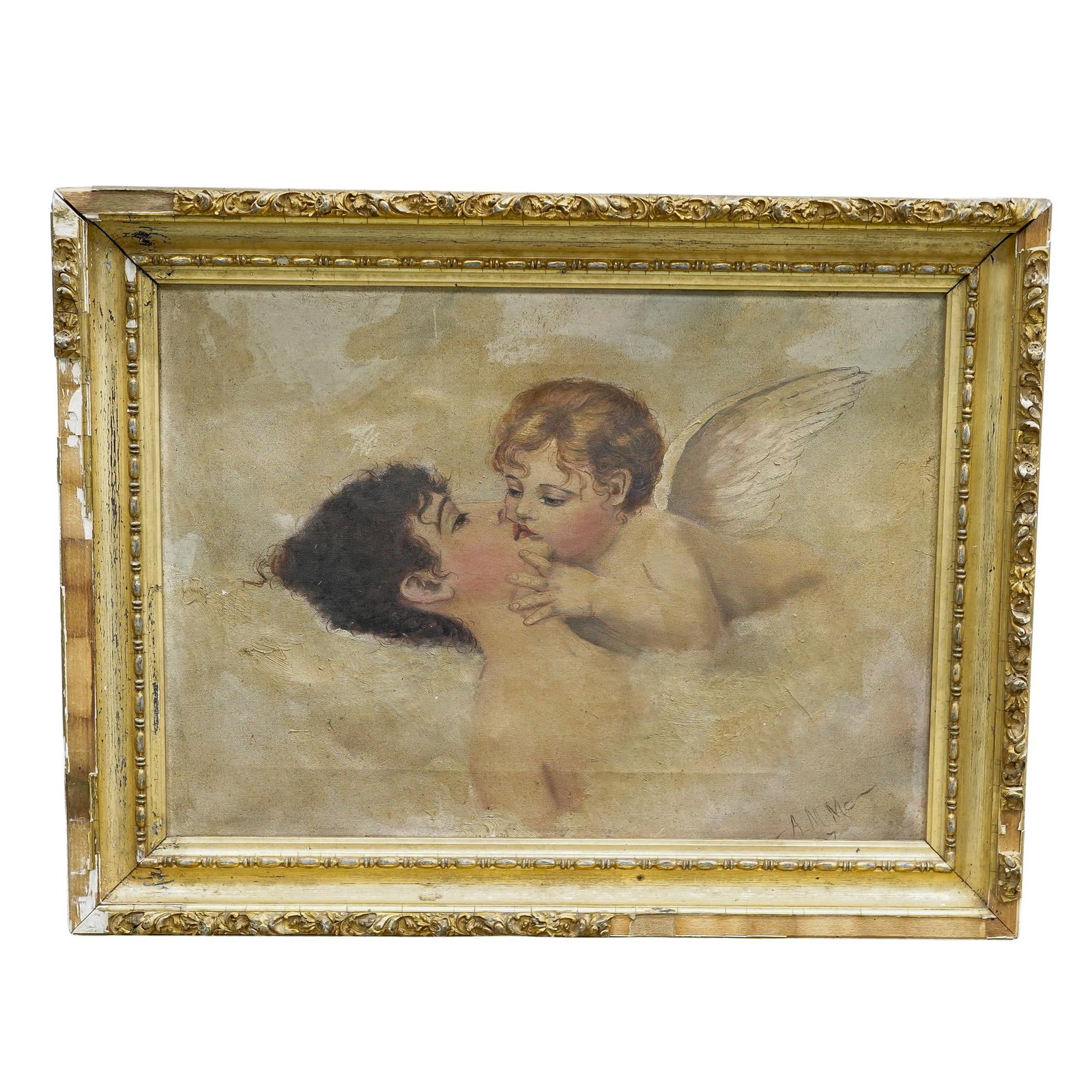 After Willy Martens (Dutch, 1856-1927) "Baison d'amore" Oil On Canvas: DESCRIPTION: Oil on canvas painting entitled "Kiss of Love" ("Maison d'amore") after Willy Martens depicting Cupid kissing a woman laying among clouds. Signed "A.M. Mc" at lower right and dated "'07" 