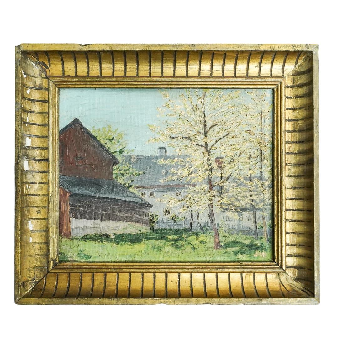 German Antique Oil on Board Painting: DESCRIPTION: German antique oil on board painting, depicting a farm house with tall green trees. Initials "JW" bottom right. Framed in gilded frame. Written on the back in German reads "Farm behind ou