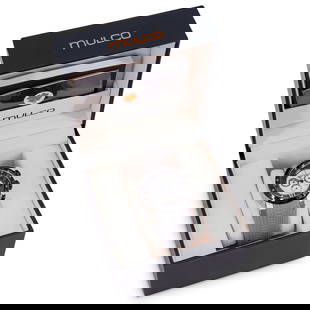 Mulco Prix Men's Chronograph Watch: DESCRIPTION: Mulco Prix men's chronograph wristwatch featuring date window, automatic Swiss movement, and adjustable silicone bracelet. Includes box, card, and instruction manual. CIRCA: Early 21st ce