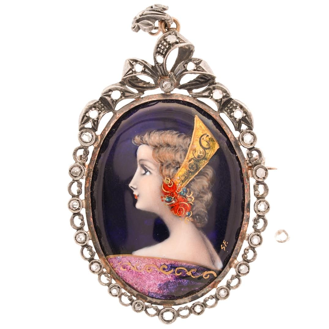 Limoges Silver & Enamel Pendant/Pin: DESCRIPTION: Limoges silver pendant/pin, showcasing a hand painted enamel portrait at its center, depicting a beautifully detailed side profile of a woman in purple dress and dole headpiece, signed lo