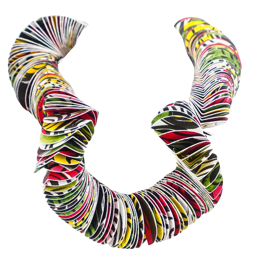 Begona Rentero (Spanish) Handmade Paper Necklace: DESCRIPTION: Paper necklace by Begona Rentero, made from special paper, silk, wool, cotton, linen, felt cotton, and more which are then treated to make them resistant to damage and ideal for daily wea