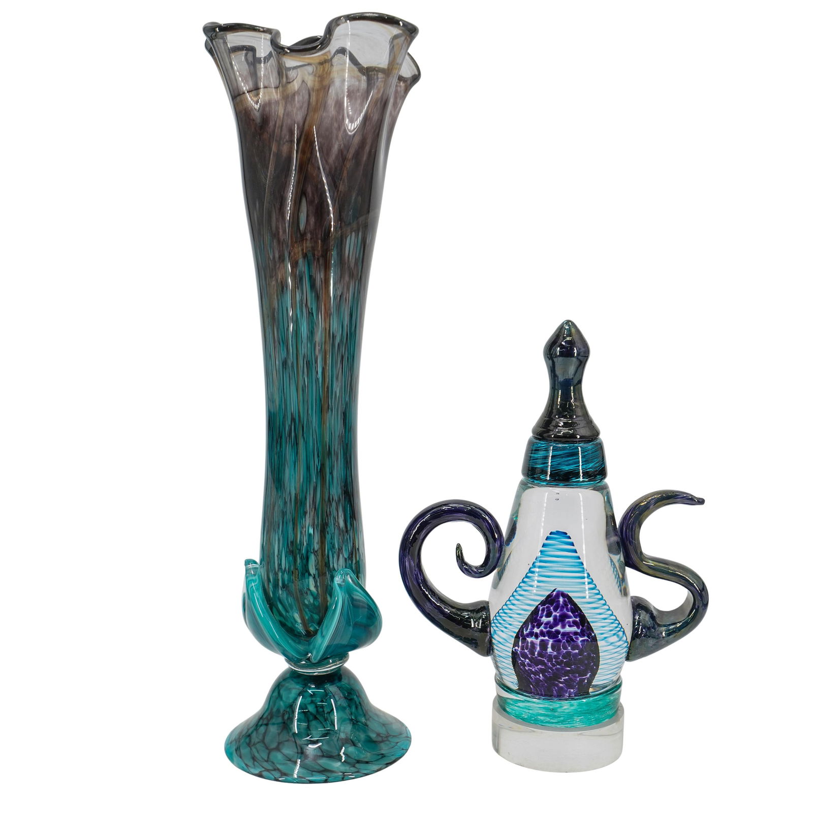 (2 Pc) Richard Eckard (American, B. XX) Art Glass Vase & Teapot (1 of 7)