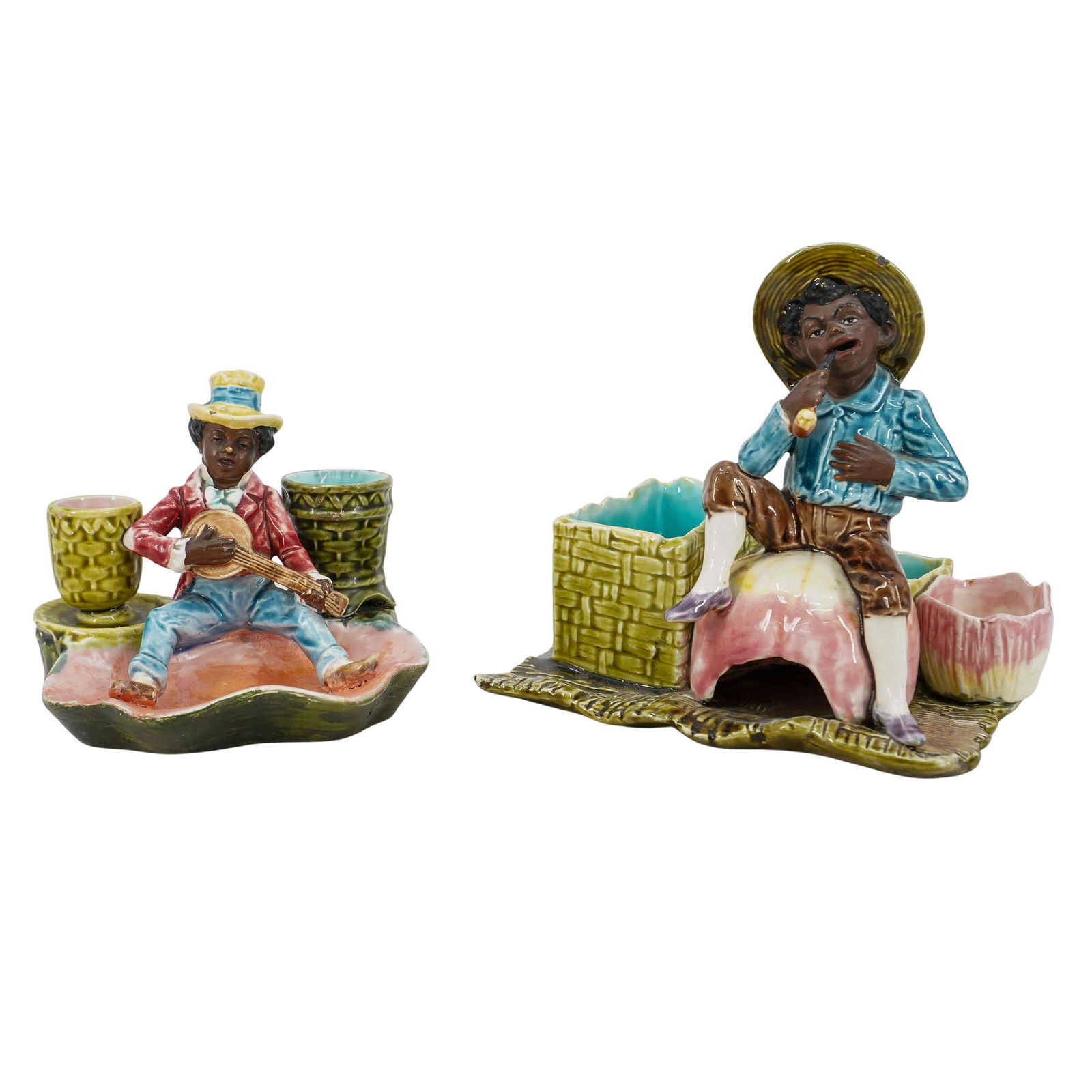 (2 Pc) Pair of Majolica Blackamoor Porcelain Smoking Stands (1 of 7)