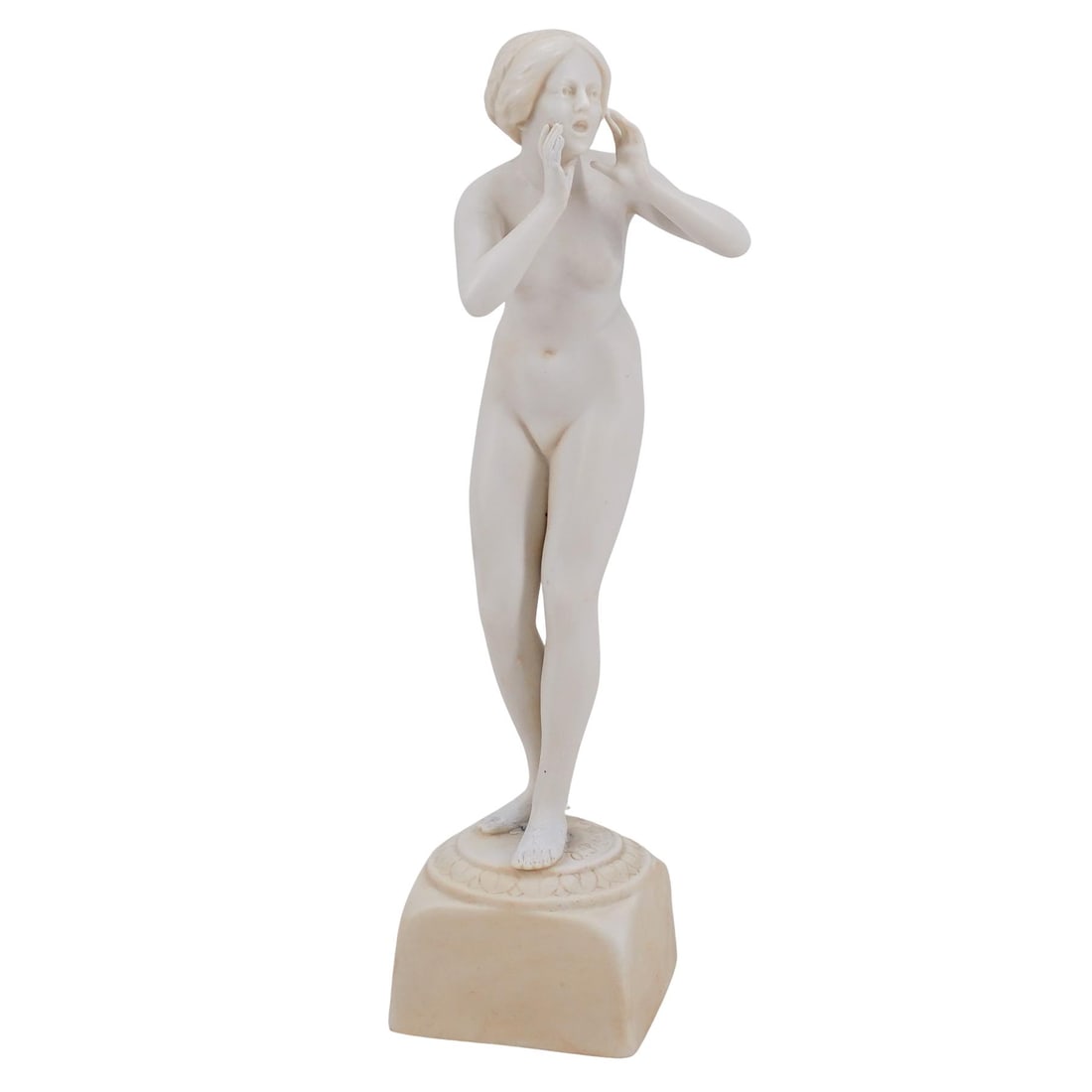 German Otto Poertzel (German, 1876) Porcelain Nude Figurine: DESCRIPTION: Antique Otto Poertzel (German, 1876-1963) bisque porcelain female nude figurine standing on a plinth. Signed 'O. Poertzel.' CIRCA: 19th Century ORIGIN: Germany DIMENSIONS: H: 8" CONDITION