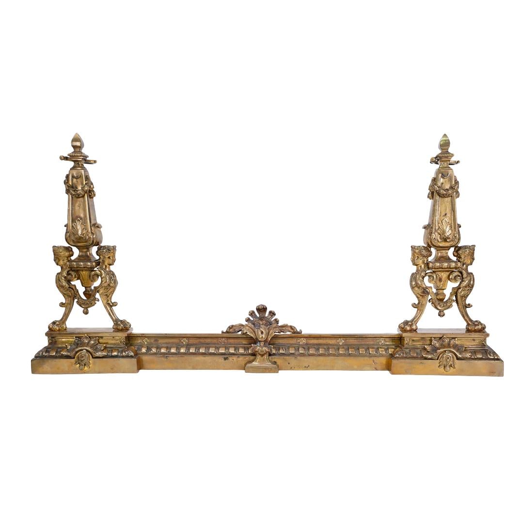 (3 Pc) Gilt Bronze Fireplace Fender & Andiron Set (1 of 6)