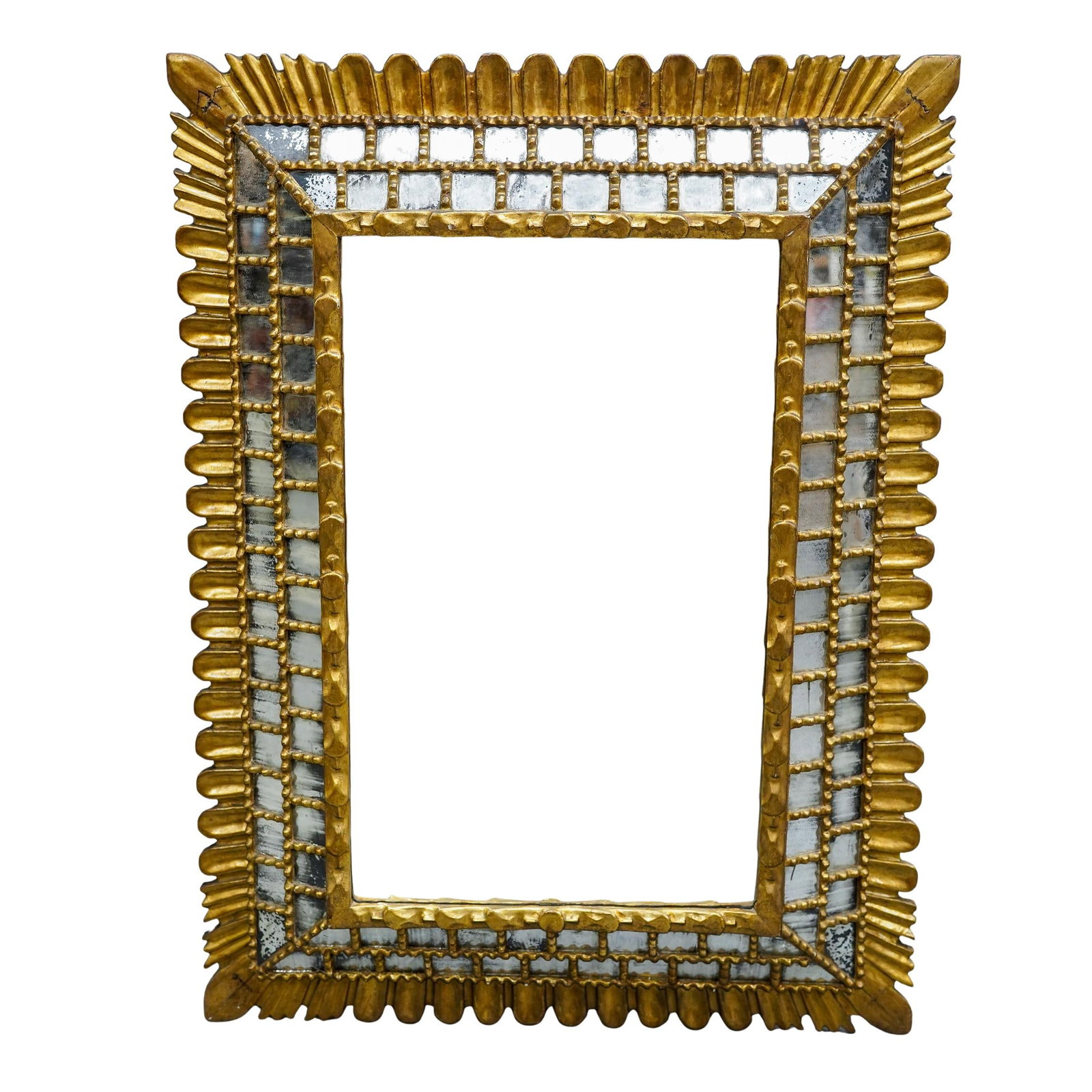 Spanish Style Gilt Wooden Mirror: DESCRIPTION: Spanish-style gilt wooden mirror, the central rectangular mirror bordered by two tiers of mirrored glass panels. CIRCA: 20th - early 21st century ORIGIN: Probably South American DIMENSION