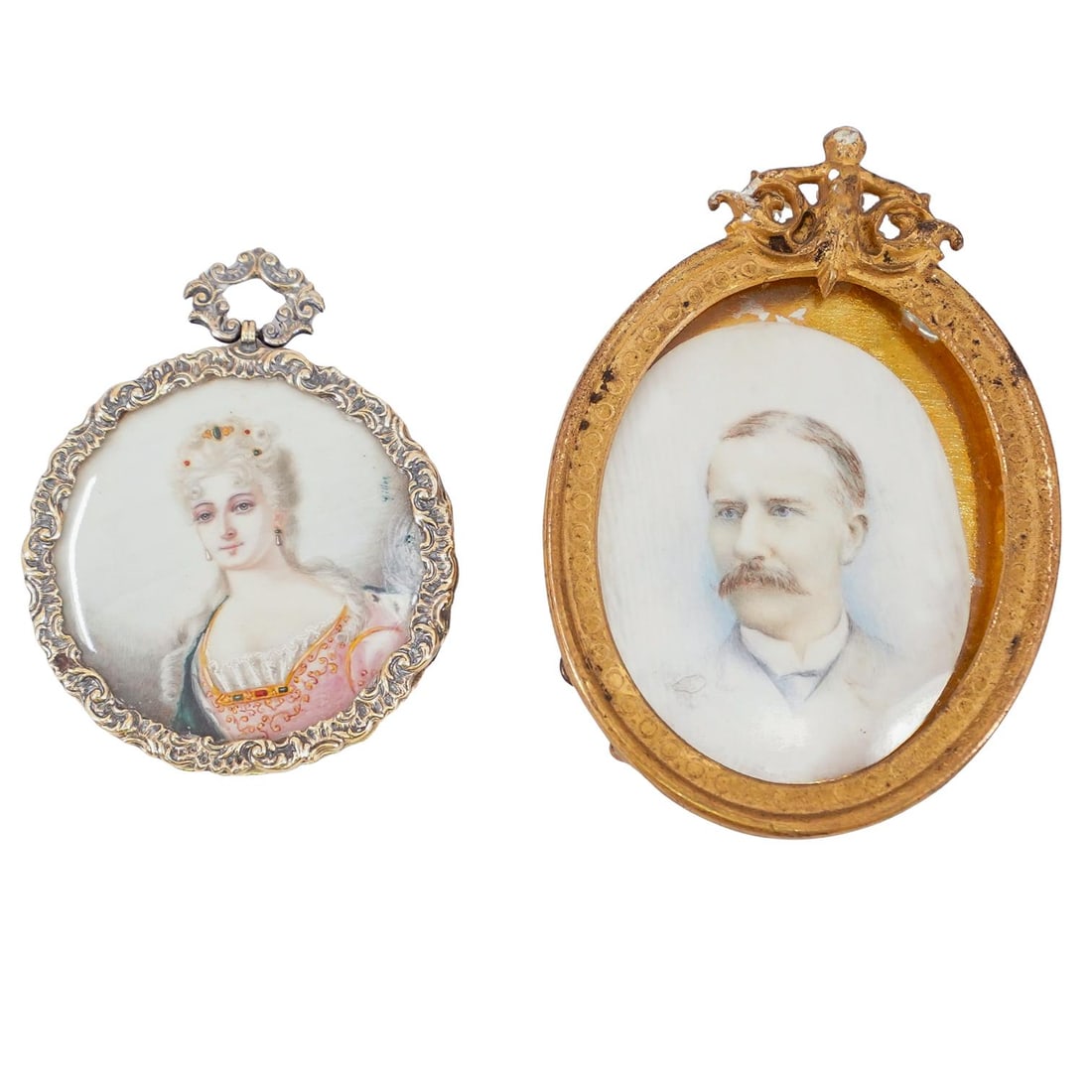 (2 Pc) Miniature Hand Painted Sterling and Brass Framed Portraits on Bone: DESCRIPTION: 19th century miniature hand painted portraits on bone, house in an ornate gilded frames. One portrait depicts a finely detailed woman in period attire, wearing a powdered wig with jeweled