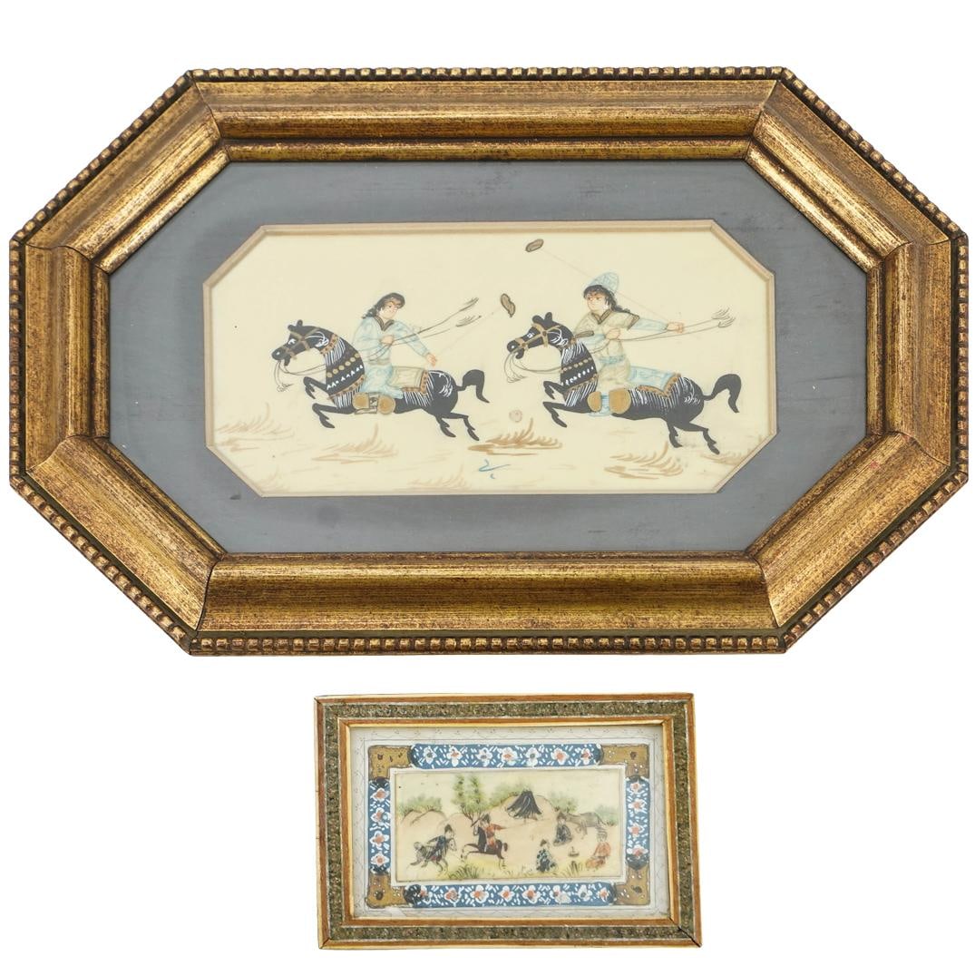 (2 Pc) Antique Persian Paintings: DESCRIPTION: Pair of Persian paintings, one featuring a miniature painting, depicting the ancient game of Chovgan (later to become the game of polo). Housed in a wooden frame. (Image) H: 1.5" L: 3.25"