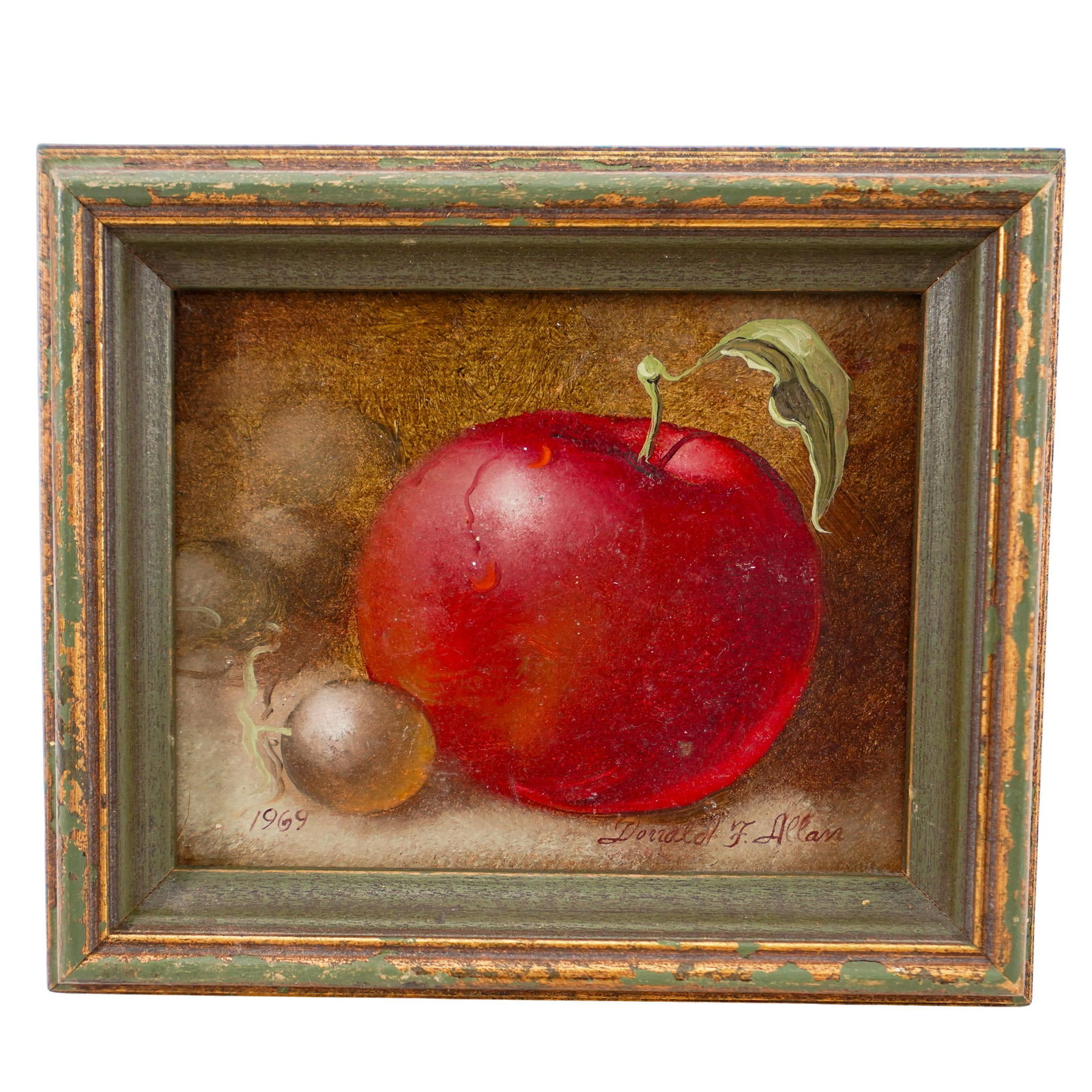 Donald F. Allan (American, 1927-2013) Oil on Board: DESCRIPTION: Donald F. Allen (American, 1909-1993) Oil on board, still life of an apple and green grapes, framed in gilt frame. Signed and dated at bottom "1969 Donald F. Allan" CIRCA: 1969 ORIGIN: US