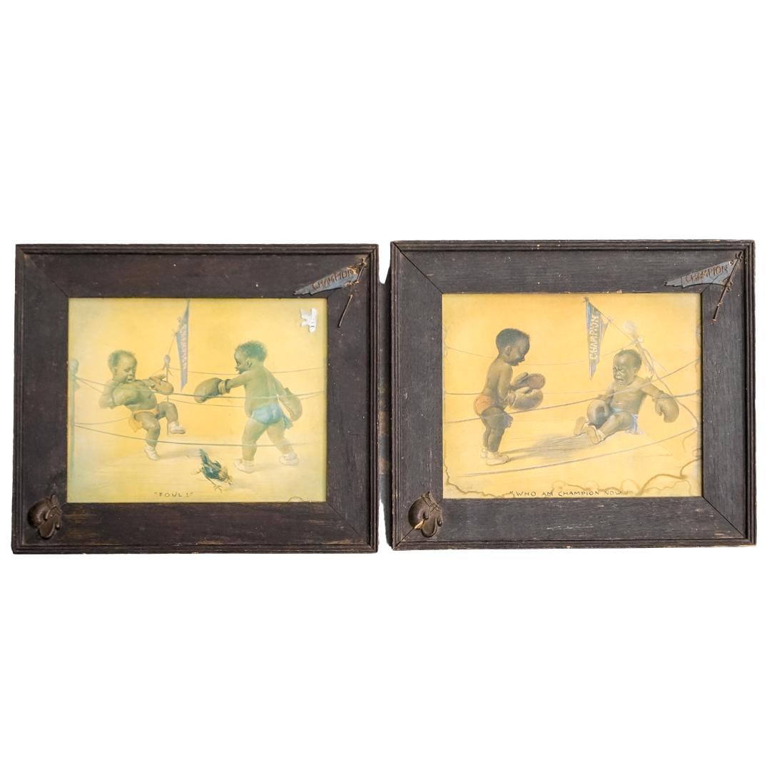 (2 Pc) Early 20th Cent. Black Americana Pair Of Boxing Prints (1 of 10)