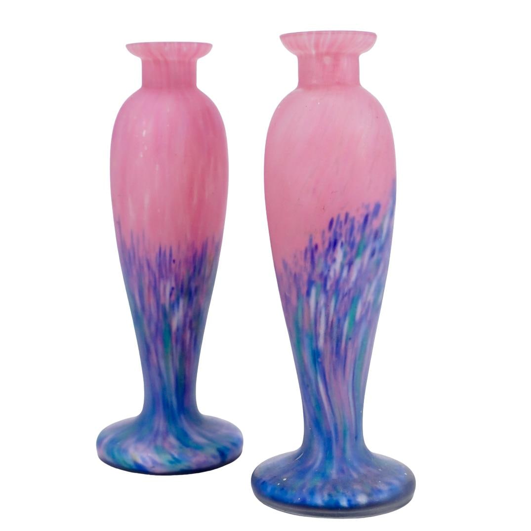 (2 Pc) Antique French Art Deco Mottled Art Glass Vases: DESCRIPTION: (2 Pc) Antique French Art Deco mottled pink and purple art glass vases, designed with a rounded base and elongated body, the top part of the vase crafted in pink hued mottled glass, and t