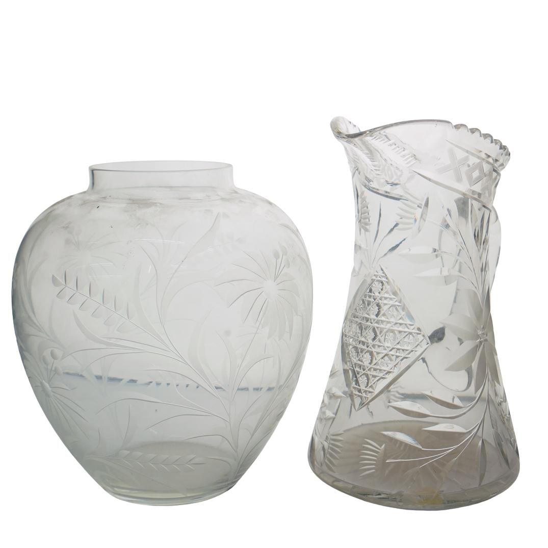 (2 Pc) Vintage Cut Glass Water Pitcher & Floral Vase (1 of 7)