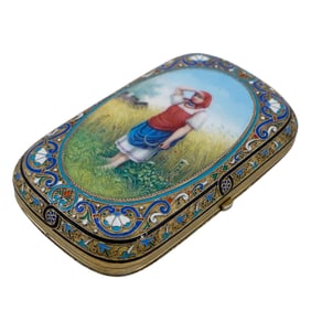Russian Silver-Gilt Cloisonne Pictorial Enameled Cigarette Case (Ivan Andreev)