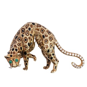 Bvlgari 18k Gold, Diamond, and Emerald Feline Brooch
