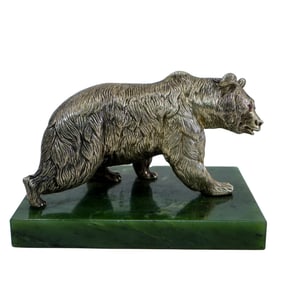 Russian Silver Mounted Nephrite Model of Bear
