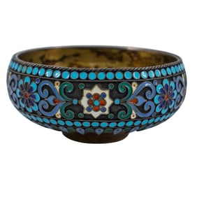 Russian Champleve Enamel Silver-Gilt Sugar Dish (Pavel Ovchinnikov)