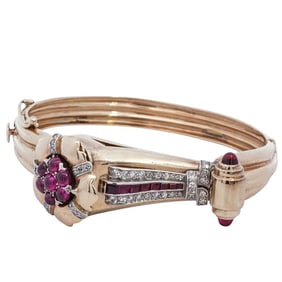 Art Deco 14k Gold, Ruby, and Diamond Bracelet