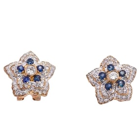 Pair 14k Gold, Diamond, and Sapphire Flower Earrings