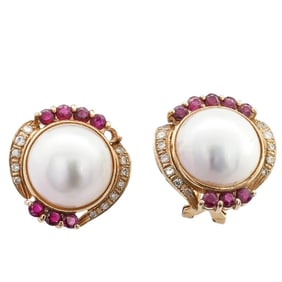 Pair 18k Gold, Pearl, Diamond, and Ruby Earrings