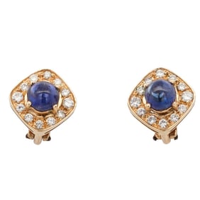 Pair 14k Gold, Diamond, and Sapphire Cabochon Earrings