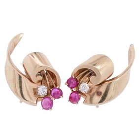 Pair 14k Gold, Ruby, and Diamond Earrings
