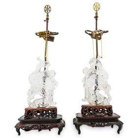 Pair of Chinese Rock Crystal Phoenix Lamps